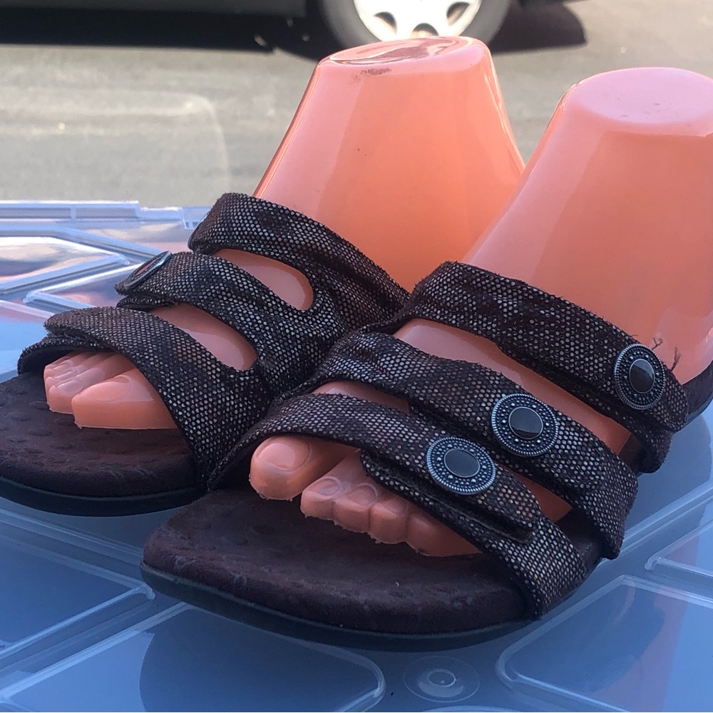 VIONIC 24 Ashley Brown Pink Thongs Slides Sandals Metallic Dots size 8
